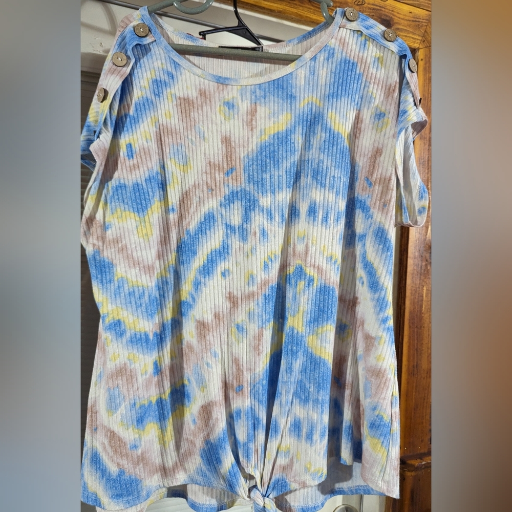 Tie Dye Blouse by Cure, Size 2XL, Buttons On Each Sleeve, Tie Knot